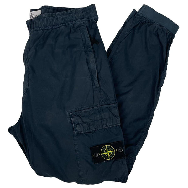 Stone Island navy blue cargo trousers with logo patch and multiple pockets.