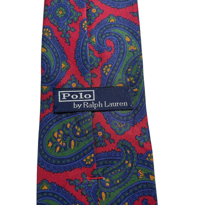 Polo Ralph Lauren multicoloured paisley print silk tie with vibrant patterns and luxurious texture.