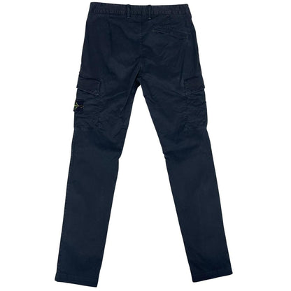 Stone Island navy blue skinny fit cargo trousers with logo patch and pockets.