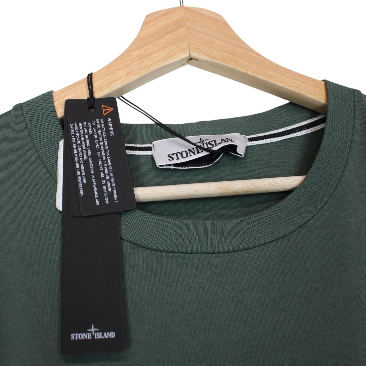 Stone Island SS 2024 Green and White Scratched Paint Logo Short Sleeve Cotton T-Shirt