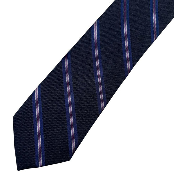 DKNY navy blue striped tie in silk/polyester blend with elegant sheen.