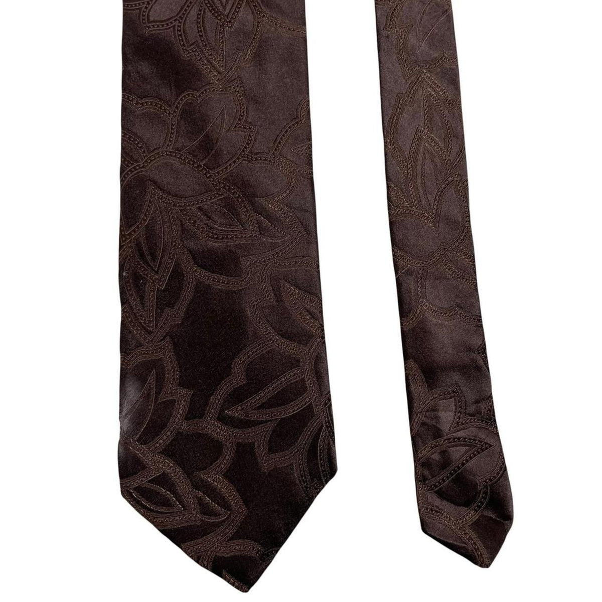 DKNY brown silk tie with vintage floral pattern and logo detail.