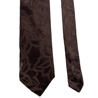DKNY brown silk tie with vintage floral pattern and logo detail.