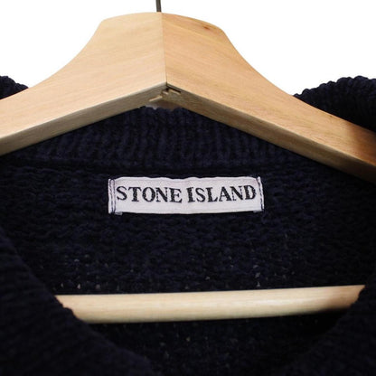 Stone Island navy blue chenille cotton knit jumper with iconic compass logo patch.