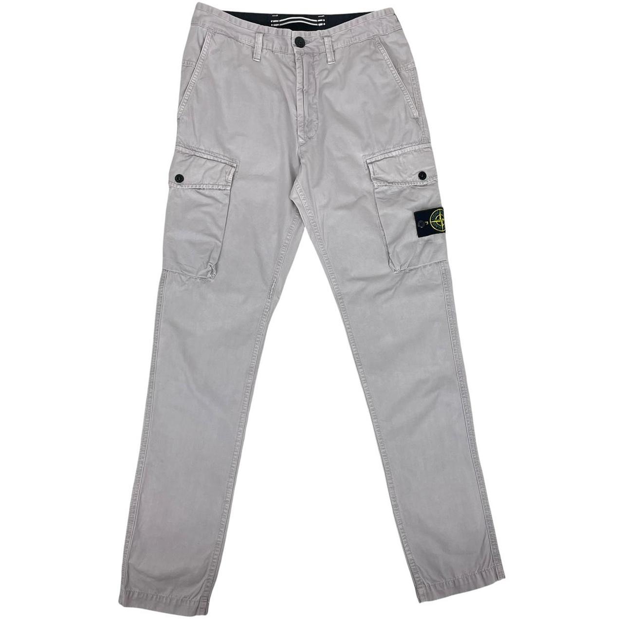 Stone Island grey cargo trousers with logo patch and slim fit design.