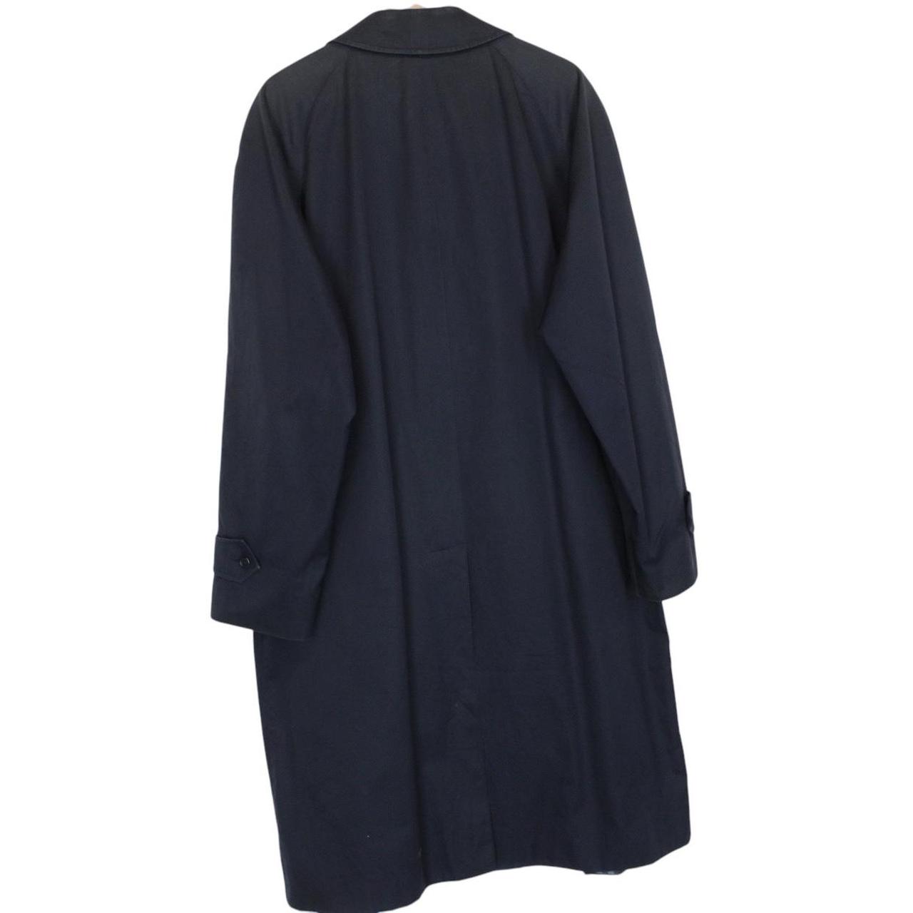 Burberry navy blue trench coat featuring classic Nova Check pattern and single-breasted design.