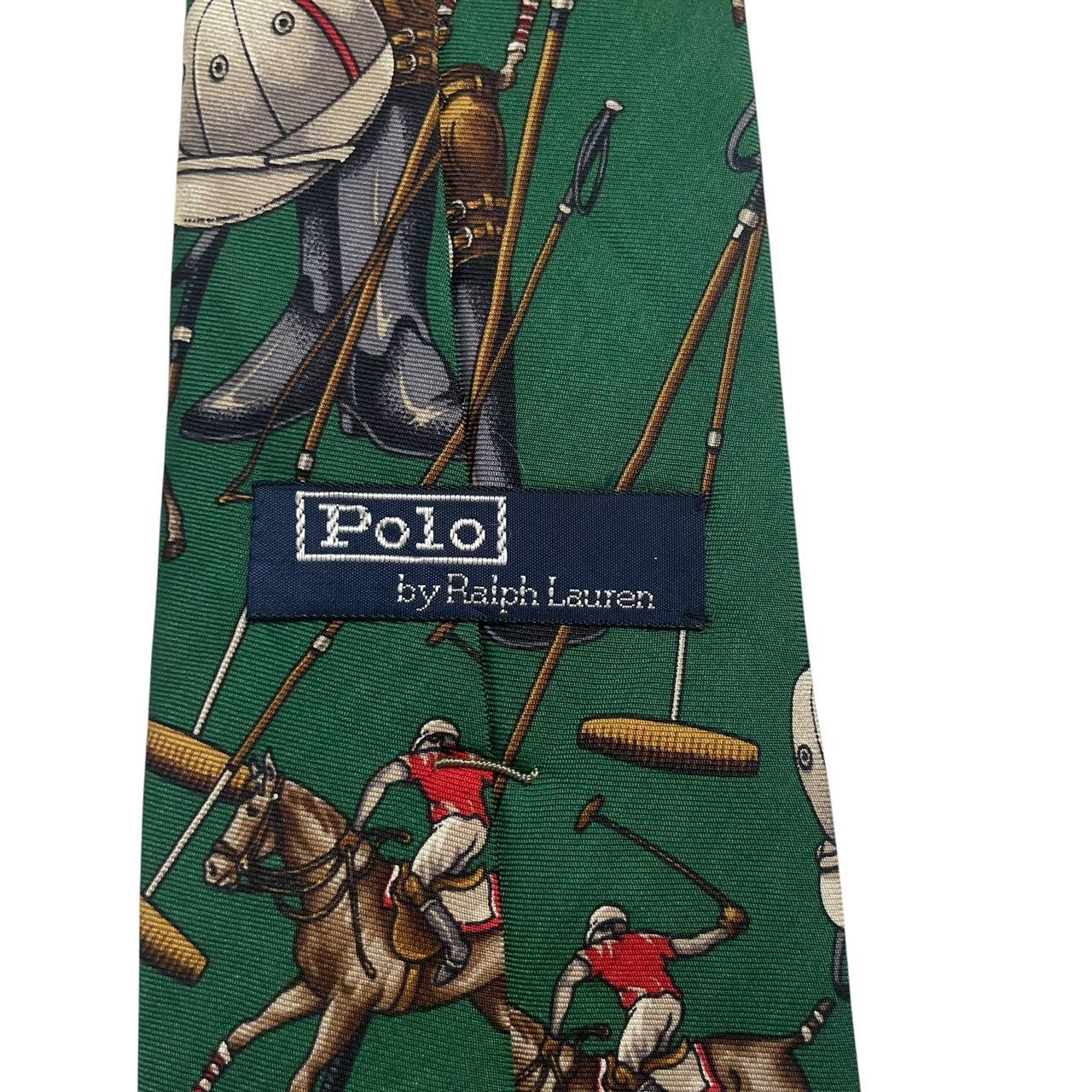 Polo Ralph Lauren green silk tie with equestrian print and logo detail.