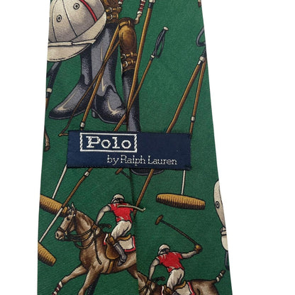 Polo Ralph Lauren green silk tie with equestrian print and logo detail.