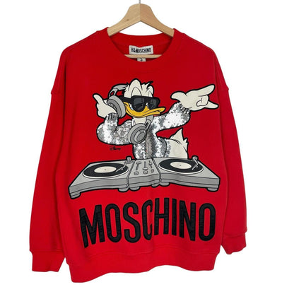 Moschino red cotton sweatshirt featuring Disney graphic print and logo details.