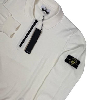 Stone Island white knit jumper with collared design and logo patch.