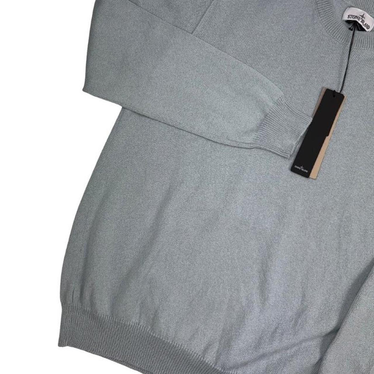 Stone Island grey knit jumper made from organic cotton with logo patch.