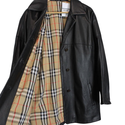 Vintage 90s Burberry Black Nova Check Lined Leather Coat