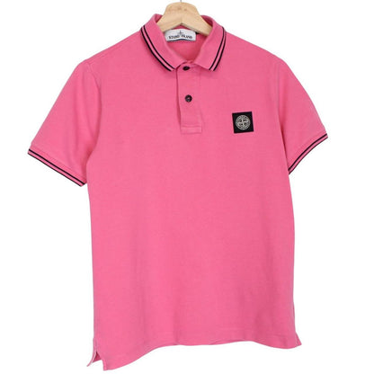 Stone Island pink short sleeve polo shirt with embroidered compass logo, cotton material.