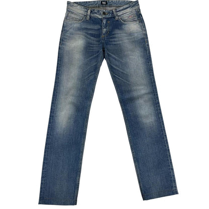 Dolce & Gabbana blue straight jeans mid wash with logo patch and slim fit design.