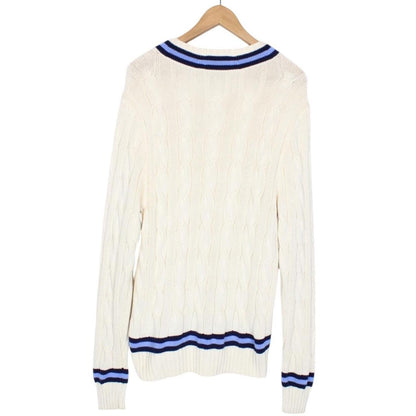 Polo Ralph Lauren Cream and Blue The Iconic Cricket Cotton Cable Knit Jumper