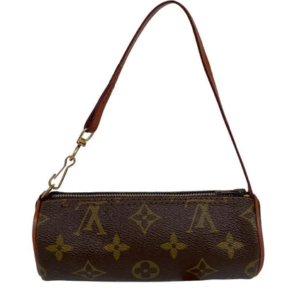 Louis Vuitton brown mini pochette bag with monogram canvas pattern and gold hardware.