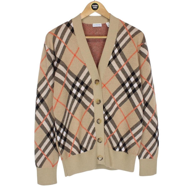Burberry Tan Brown Mohair Wool Knit Nova Check Cardigan Jumper