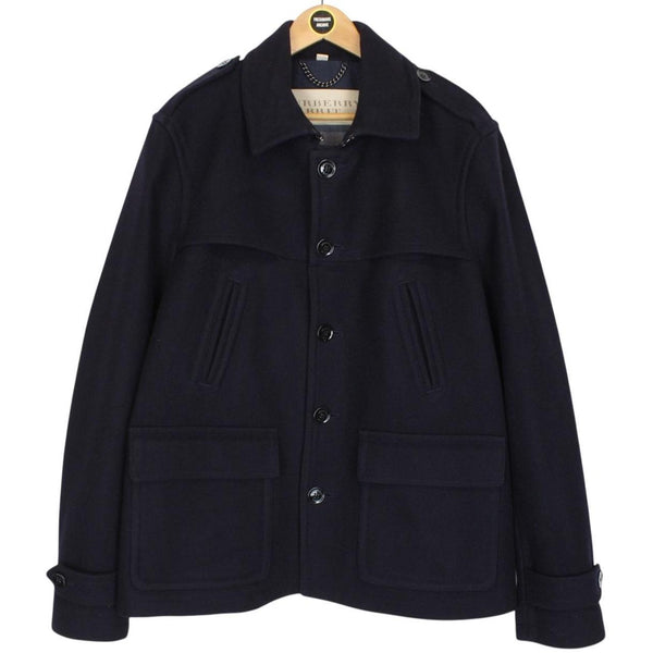 Burberry Brit Navy Blue Button Up Nova Check Lined Wool Jacket