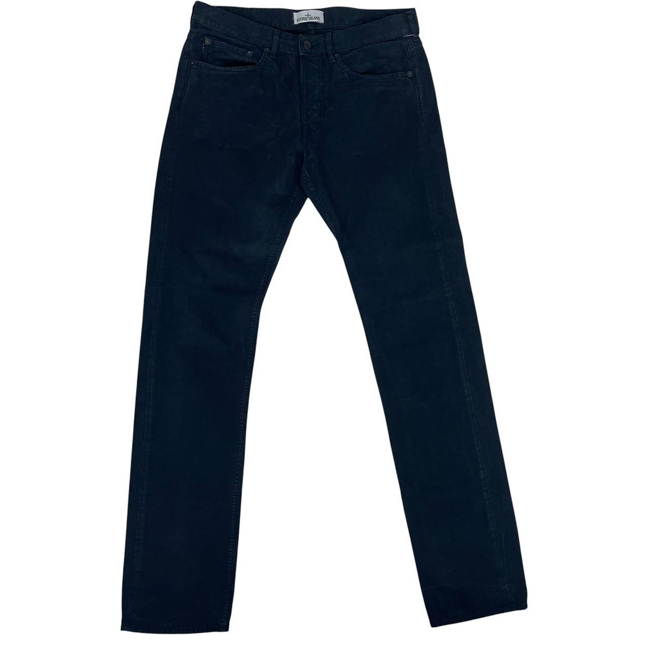 Stone Island navy blue slim fit cotton trousers with logo patch and side pockets.