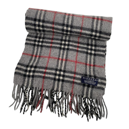 Burberry grey lambswool scarf featuring classic Nova Check pattern and logo.