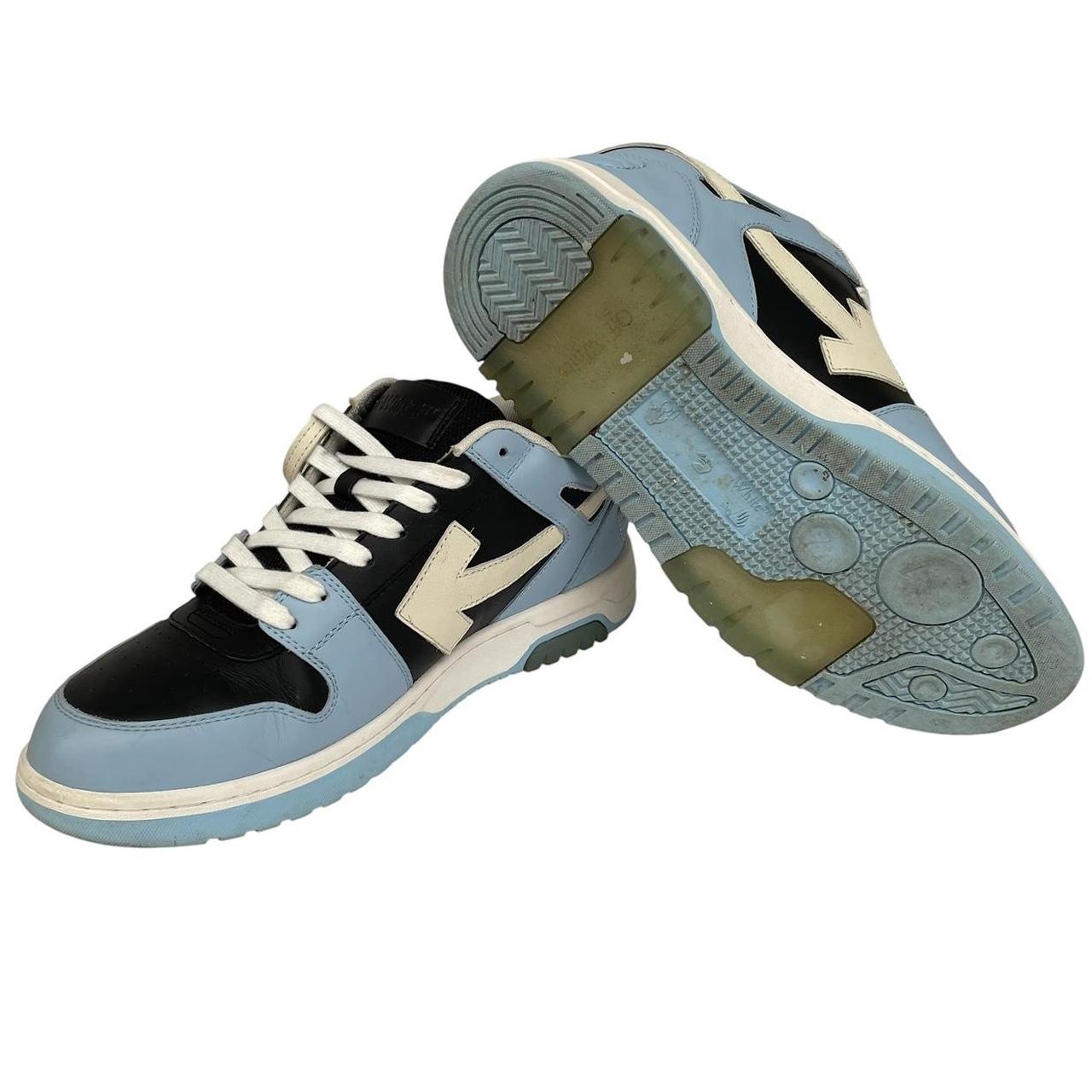 Off-White low top trainers in light blue and black with leather material and logo detail.