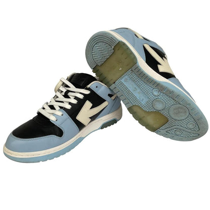 Off-White low top trainers in light blue and black with leather material and logo detail.