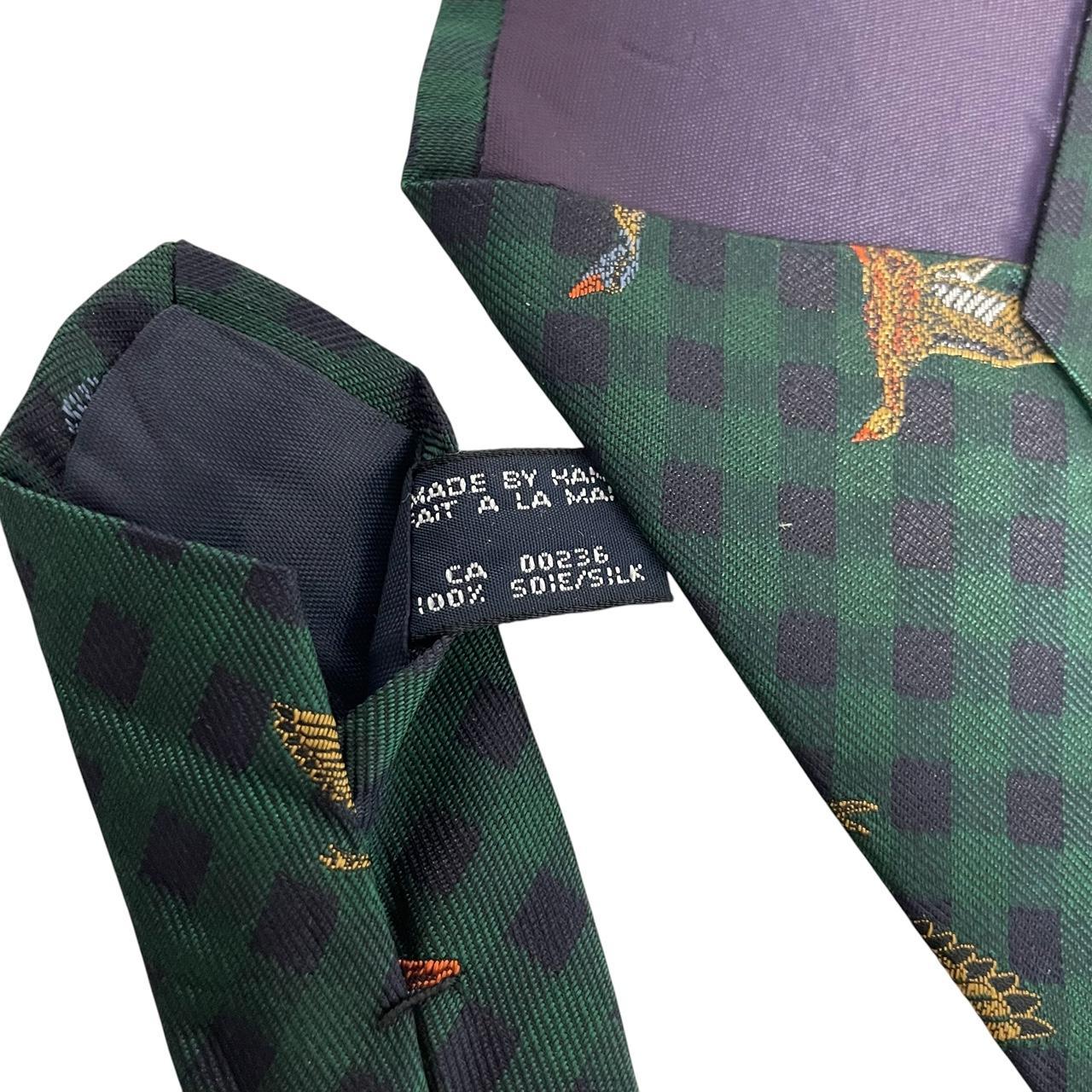 Polo Ralph Lauren green silk tie with embroidered duck pattern and logo.