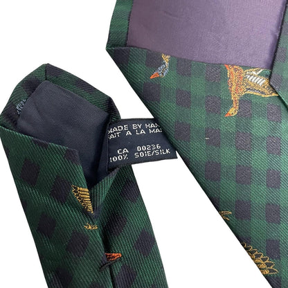 Polo Ralph Lauren green silk tie with embroidered duck pattern and logo.