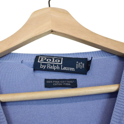 Polo Ralph Lauren blue knit v-neck jumper, soft pima cotton, faint marks visible.