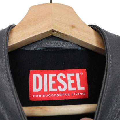 Diesel grey leather jacket with full zip and subtle logo detailing.