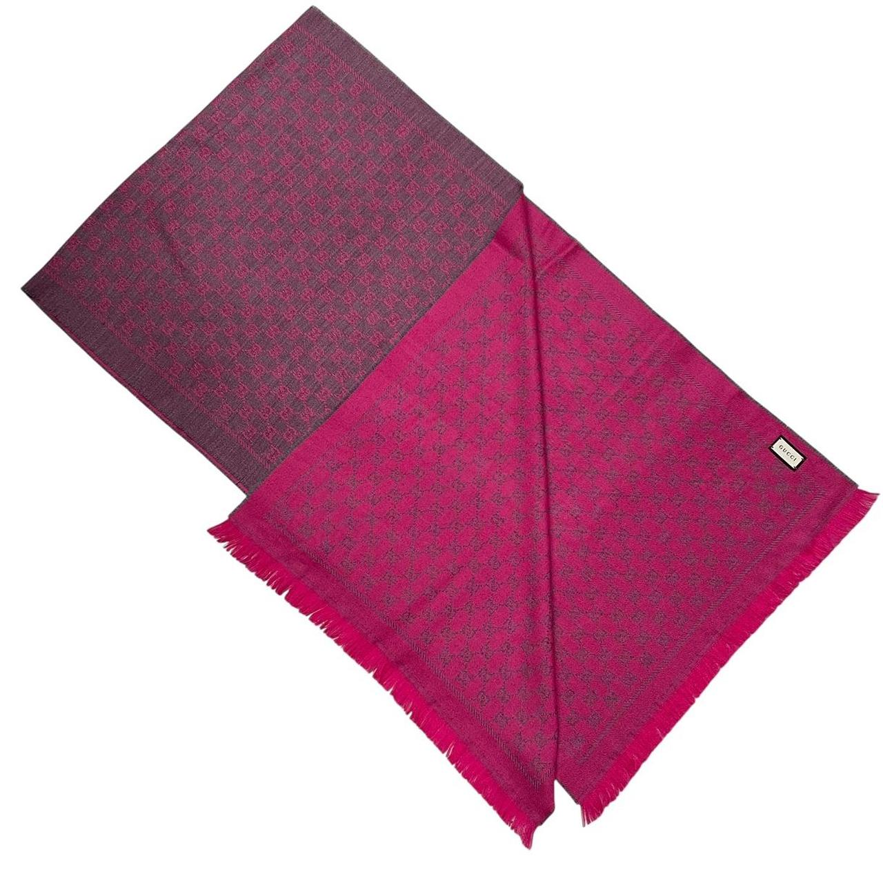 Gucci Grey and Pink GG Monogram Frayed Wool Scarf