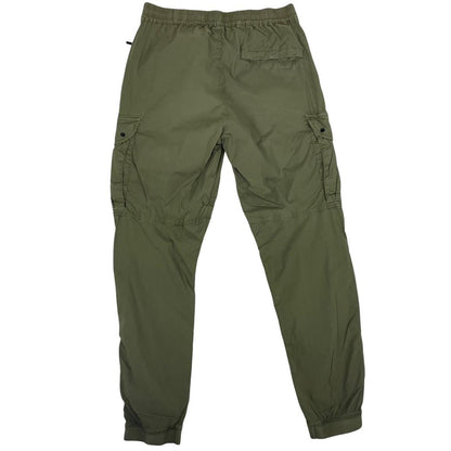 Stone Island khaki green cargo trousers with logo patch and multiple pockets.