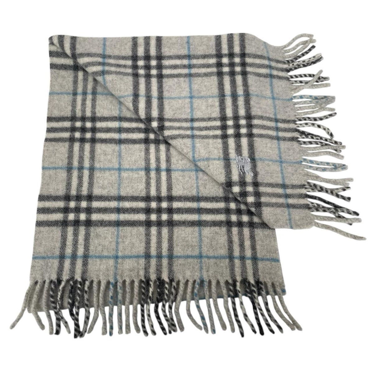 Burberry grey lambswool scarf featuring classic Nova Check pattern and frayed edges.
