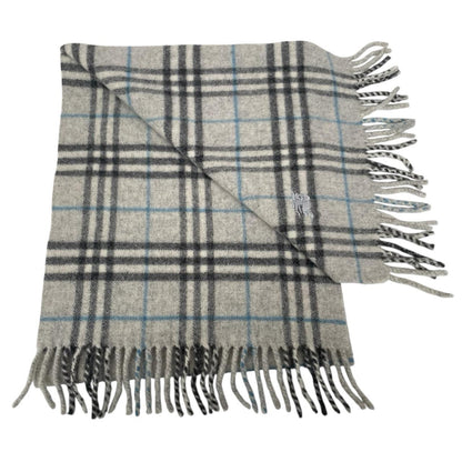 Burberry grey lambswool scarf featuring classic Nova Check pattern and frayed edges.