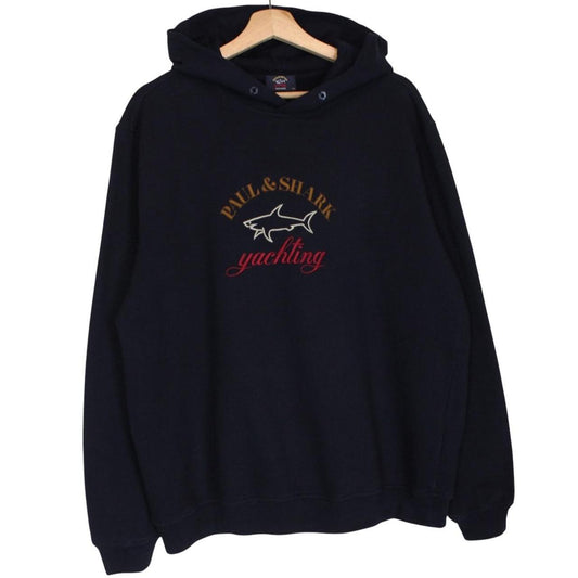 Paul & Shark navy blue hoodie with embroidered logo and cotton material.