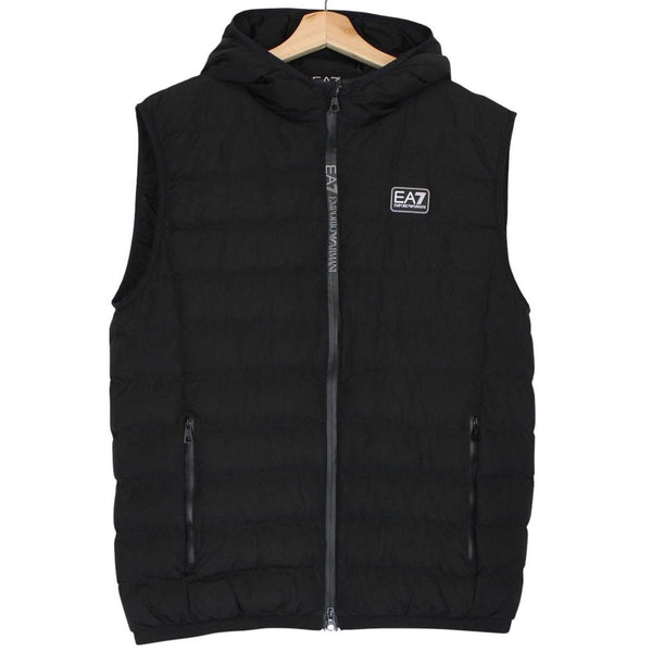 Emporio Armani black quilted hooded gilet with logo detail and zip pockets.