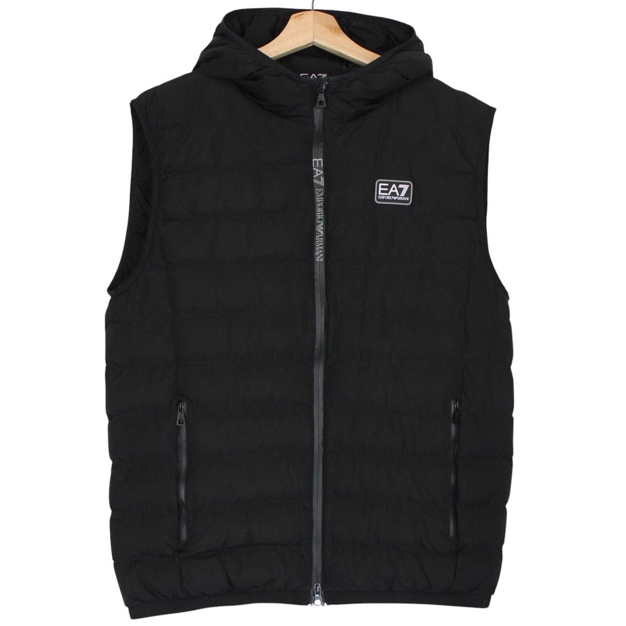 Emporio Armani black quilted hooded gilet with logo detail and zip pockets.