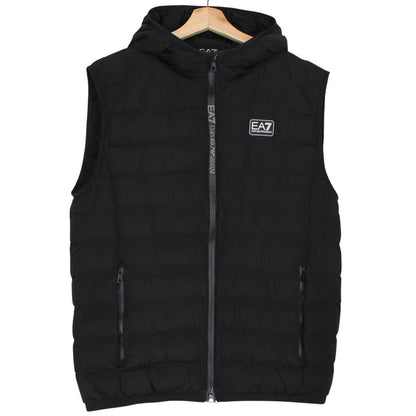 Emporio Armani black quilted hooded gilet with logo detail and zip pockets.