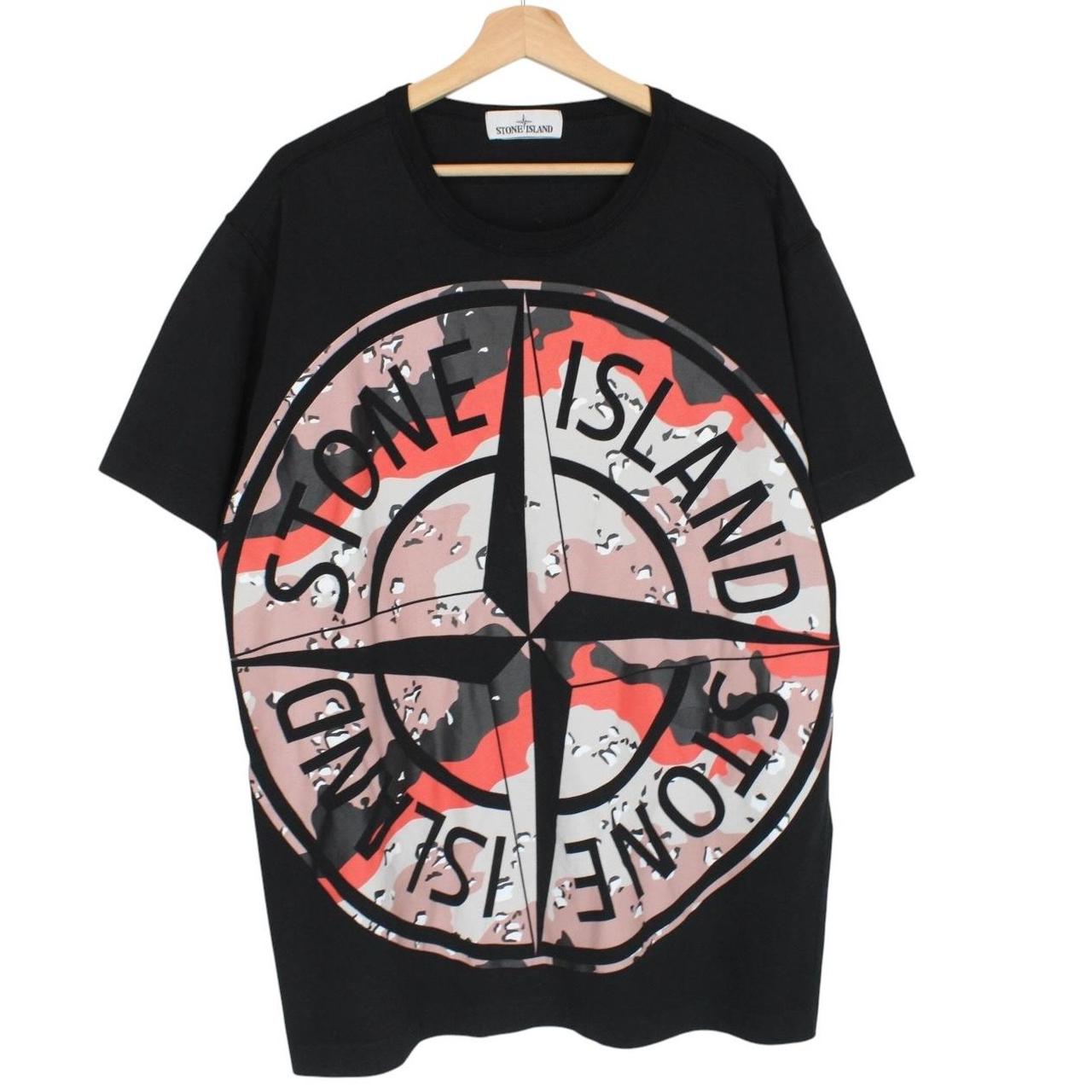 Stone Island black short sleeve t-shirt with desert camo pattern and compass logo.