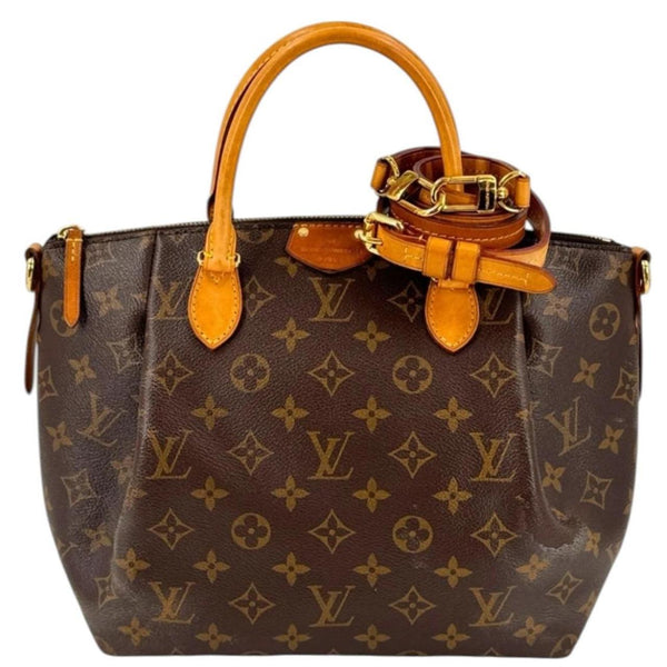 Louis Vuitton brown messenger bag with monogram canvas and leather trim details.
