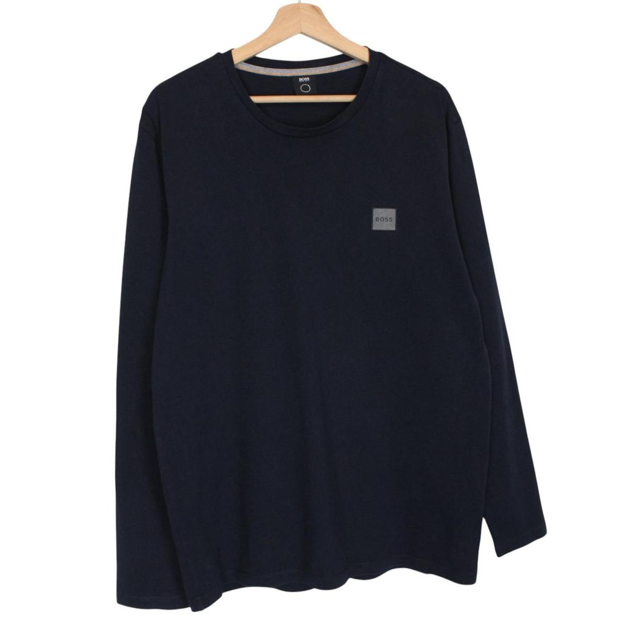 Hugo Boss navy blue long sleeve cotton t-shirt with logo patch on chest.