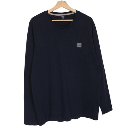 Hugo Boss navy blue long sleeve cotton t-shirt with logo patch on chest.