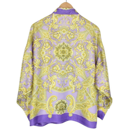 Vintage 90s Gianni Versace Purple and Gold Long Sleeve Baroque Silk Shirt