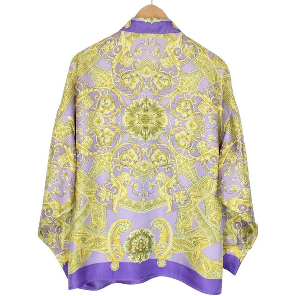 Vintage 90s Gianni Versace Purple and Gold Long Sleeve Baroque Silk Shirt