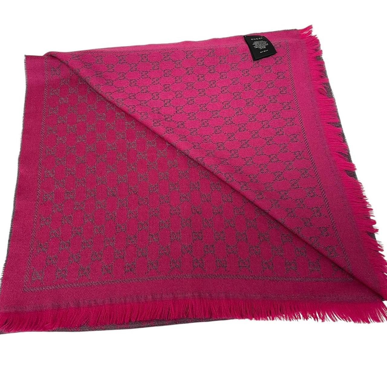 Gucci Grey and Pink GG Monogram Frayed Wool Scarf