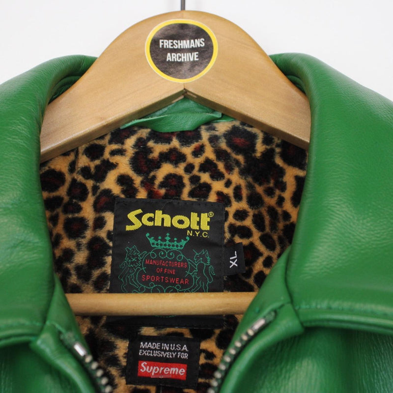 Schott x Supreme 2024 Green and Leopard Print Leather Jacket