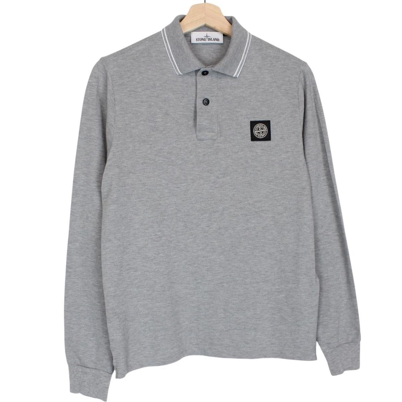 Stone Island grey long sleeve polo shirt with embroidered compass logo and slim fit.