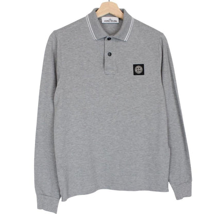 Stone Island grey long sleeve polo shirt with embroidered compass logo and slim fit.