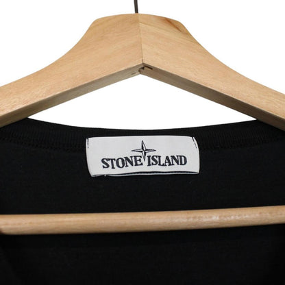 Stone Island black short sleeve t-shirt with desert camo pattern and compass logo.