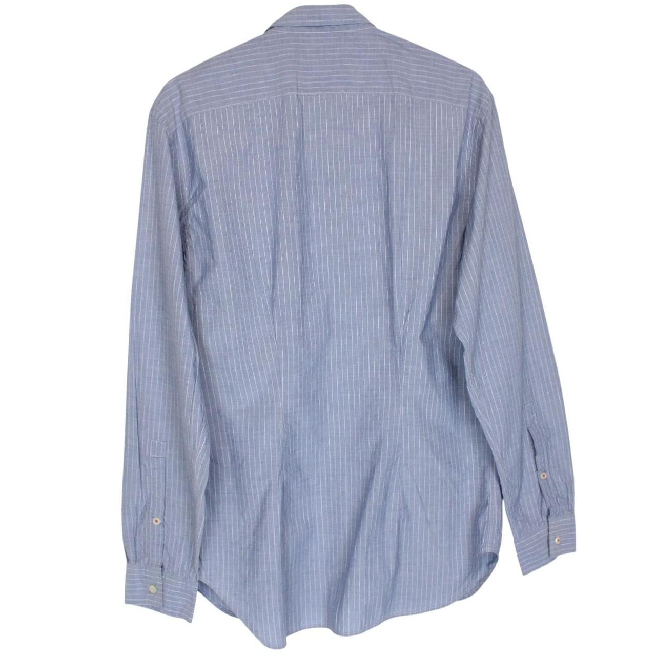 Paul Smith blue striped long sleeve cotton shirt with logo tag and fresh tags attached.